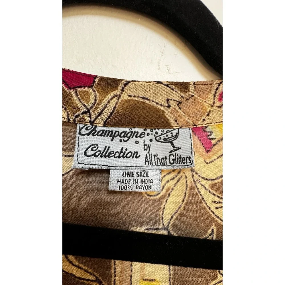 Vtg Sheer Kimono‎ Cardigan Perfume Print Boho Chic Open Front Duster Topper Glam